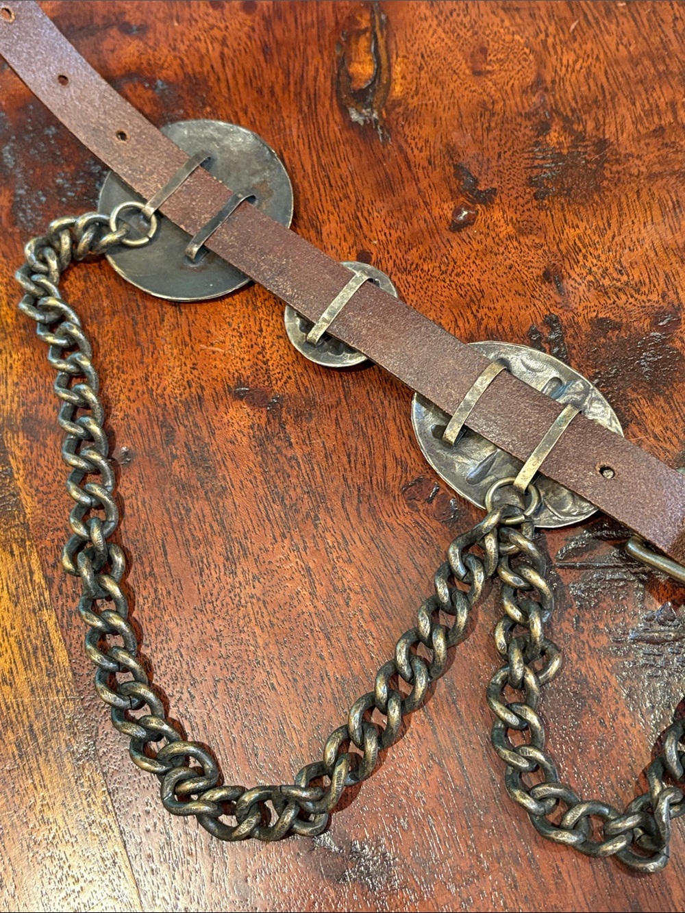 Ralph Lauren Collection Brown Leather Double Buckle Concho Chain Belt size Small - Picture 8 of 16